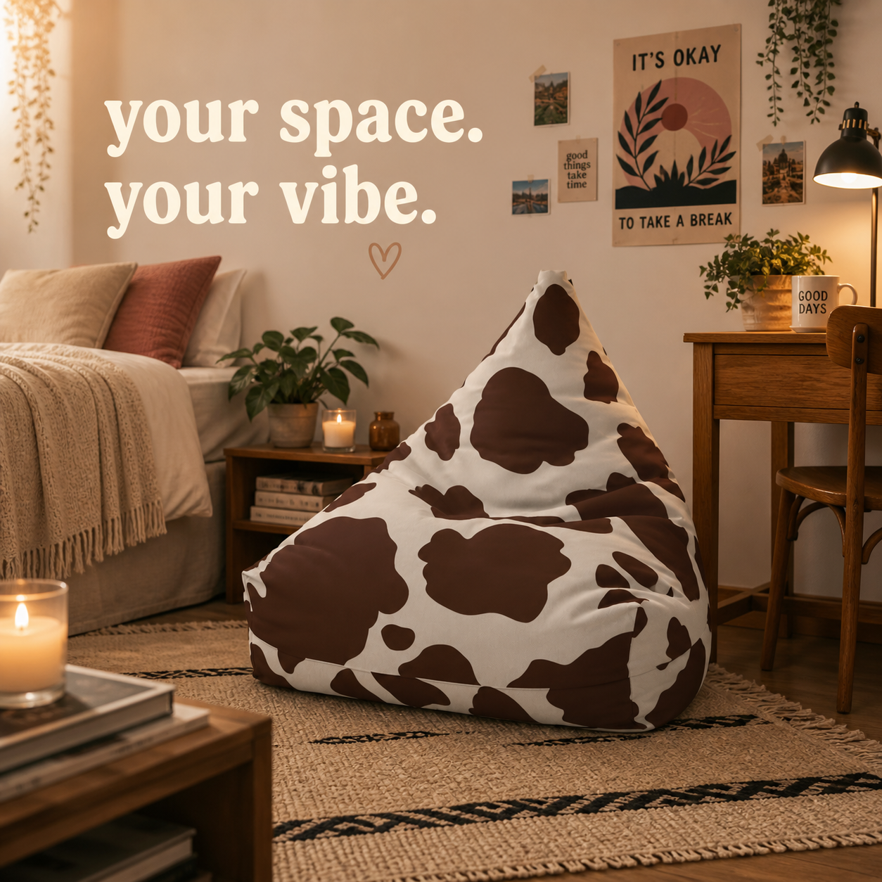 Retro cow print bean bag chair cover in neutral tones for kids bedroom decor