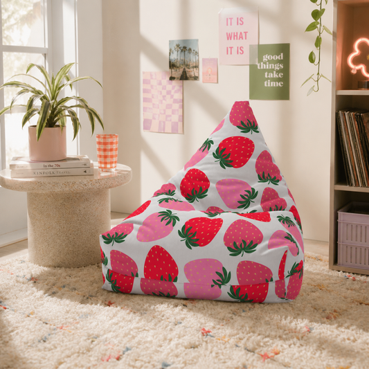 Pastel kawaii strawberry bean bag chair cover for cozy Japanese aesthetic bedroom decor