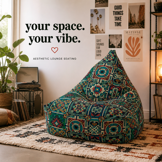 Retro pastel bean bag chair cover with kawaii boho decor for cozy living room and hippie style
