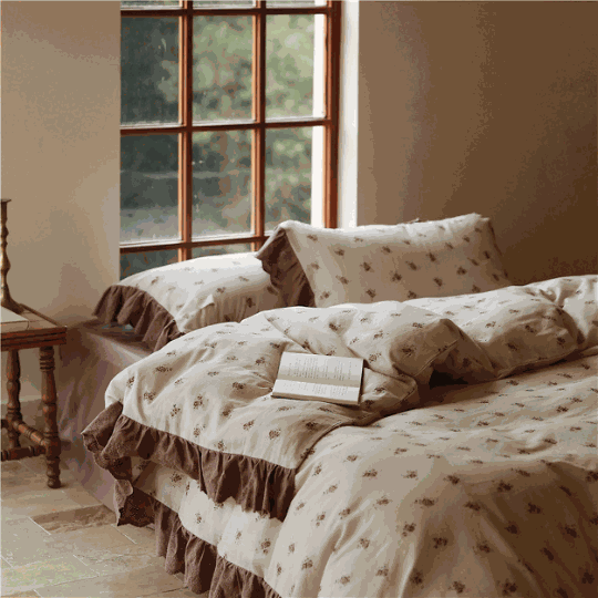 French ruffle printed brown cotton duvet cover set with vintage floral design and chocolate ruffle trim