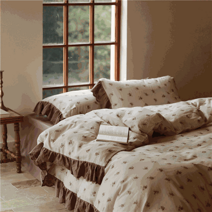 French ruffle printed brown cotton duvet cover set with vintage floral design and chocolate ruffle trim