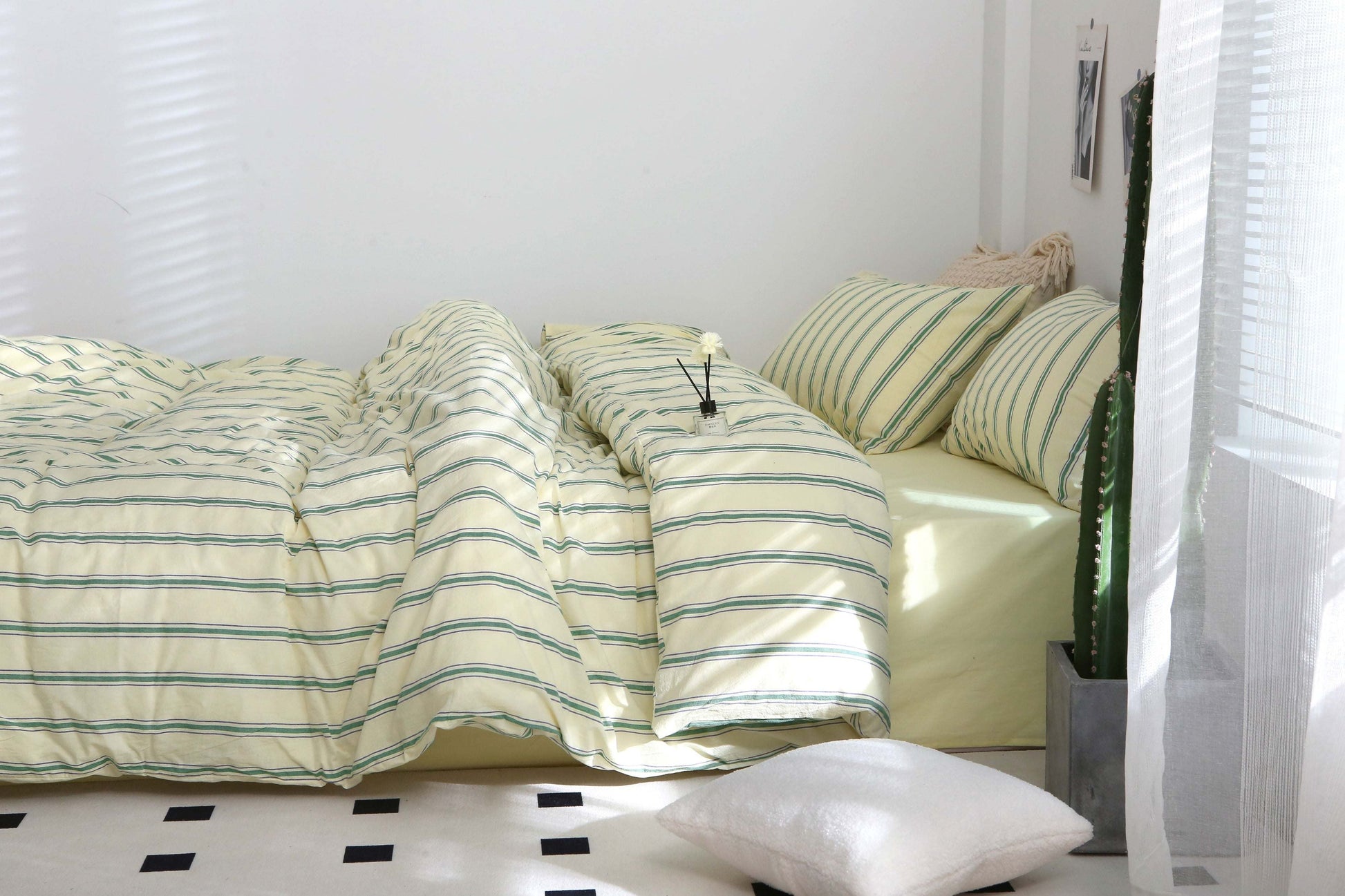 Sage Green Striped Washed Cotton Du in a soft aesthetic dorm room — soft natural lighting, warm layered styling by HomeStyles