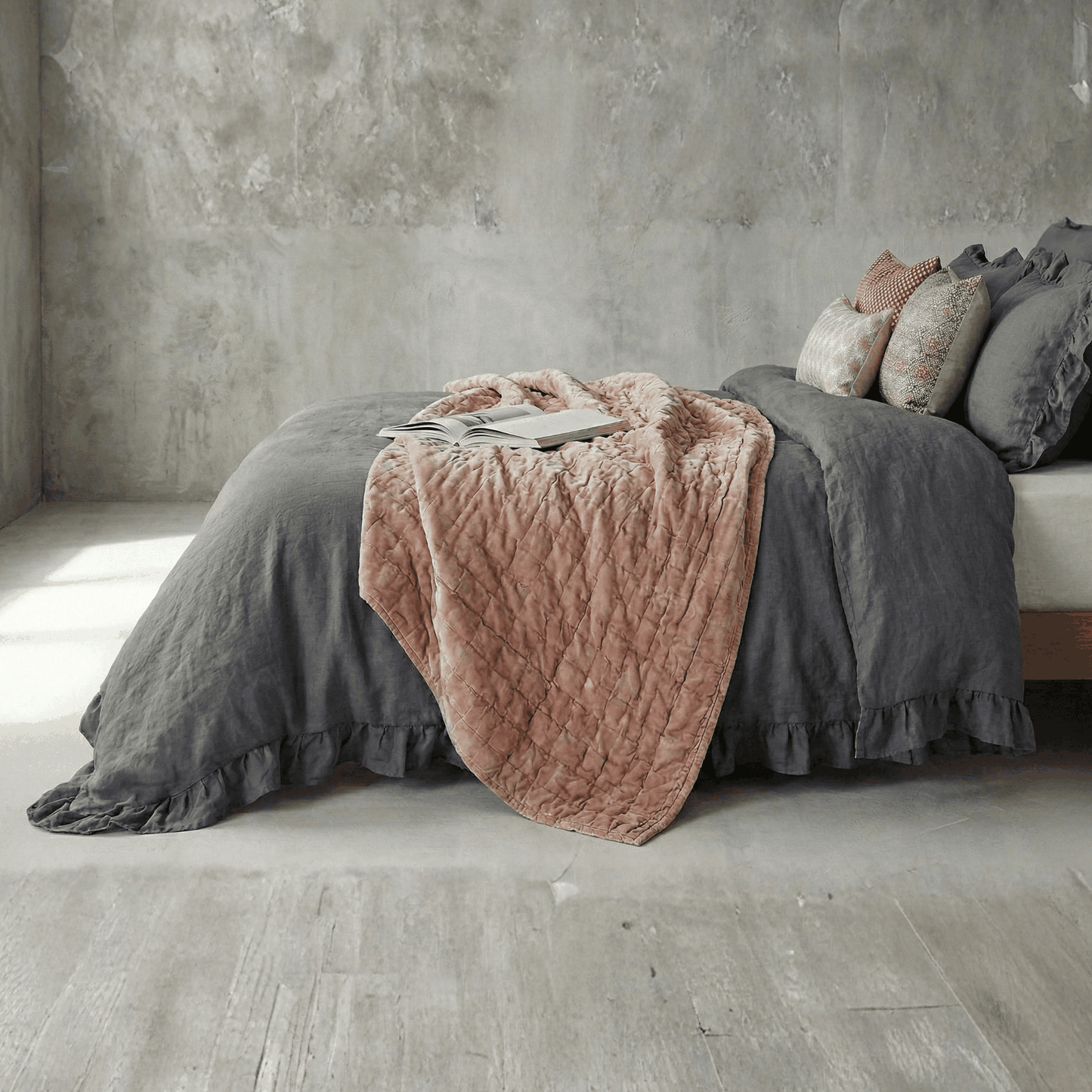 Dark grey rustic farmhouse ruffled duvet cover set with soft cotton fabric and elegant trim