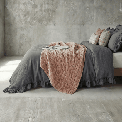 Dark grey rustic farmhouse ruffled duvet cover set with soft cotton fabric and elegant trim