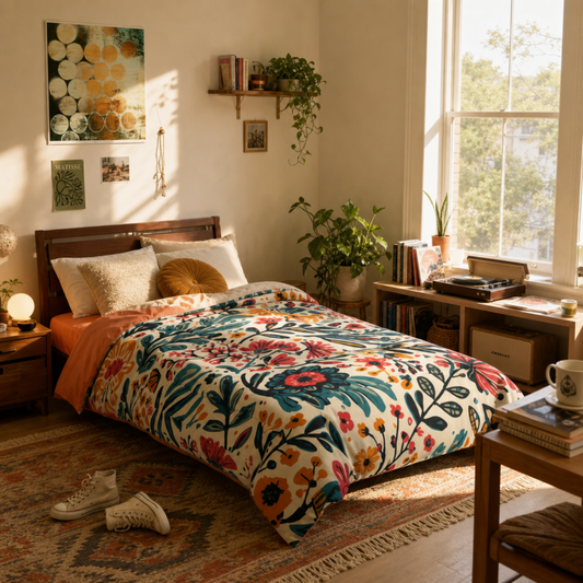 Cozy Boho Dorm Comforter on Twin XL bed in warm, soft girl aesthetic dorm room setting