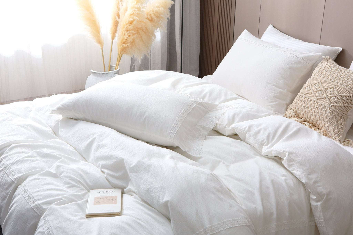 Modern farmhouse duvet cover with white lace trim, elegant bedding set.