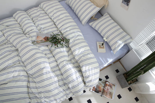 Blue Stripe Washed Cotton Bedding Set | Available in Twin/Full/Queen/ King size