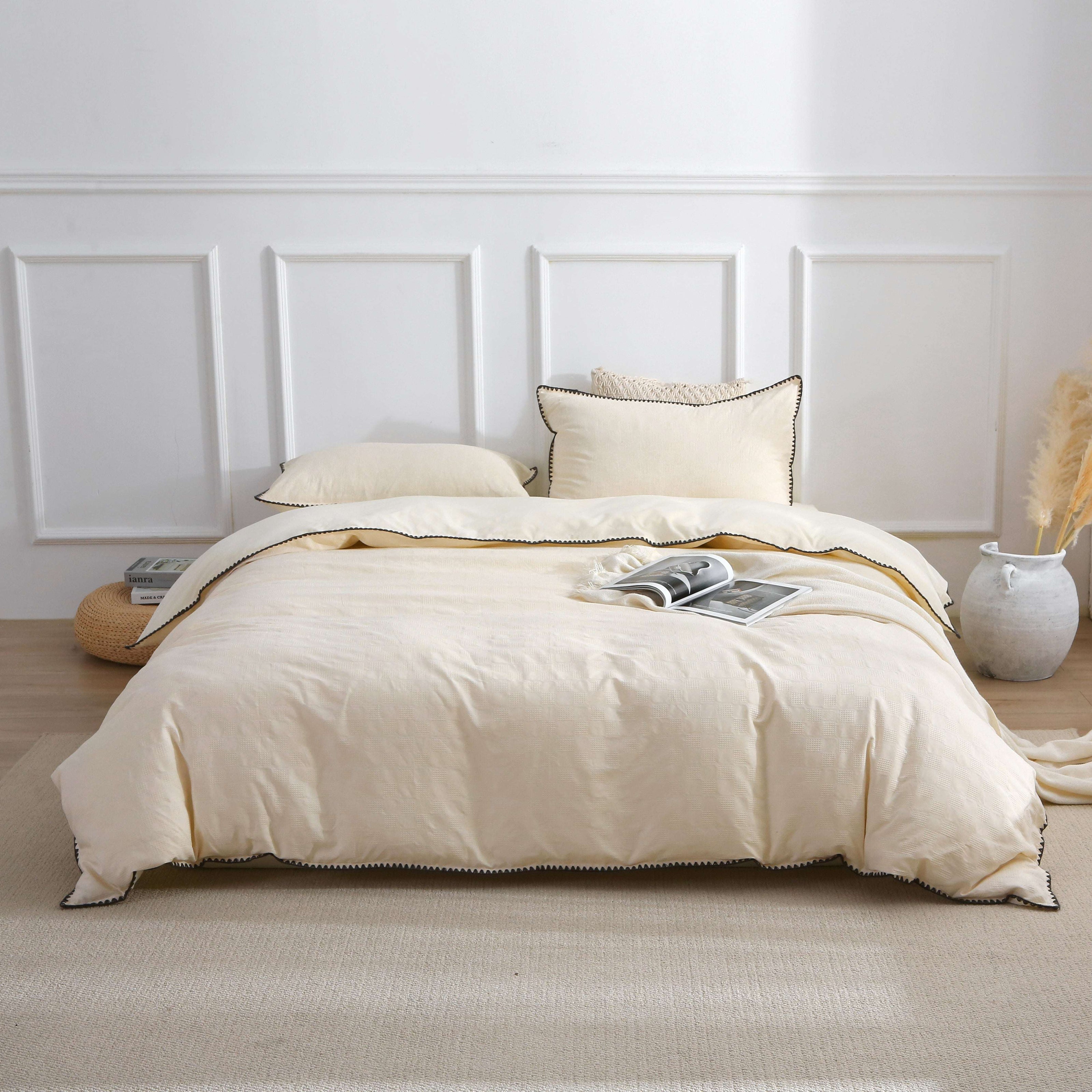 Cream White Vintage Duvet Cover Set with French design, 100% cotton, includes duvet cover, bed sheet, and two pillowcases.