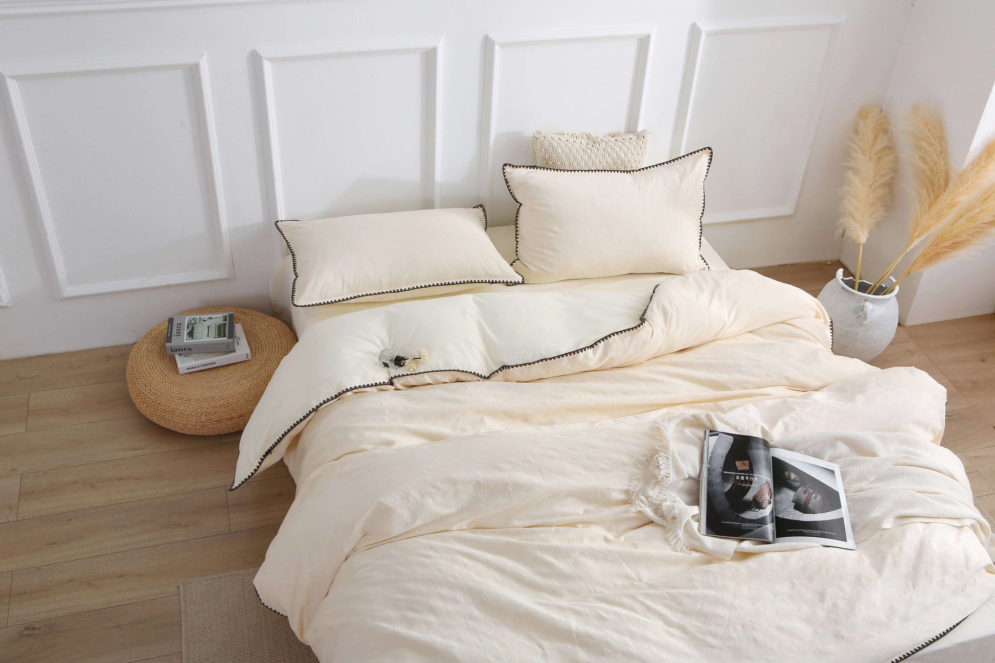 French Vintage Cream White Duvet Cover Set on bed, elegant and cozy design for stylish bedroom.