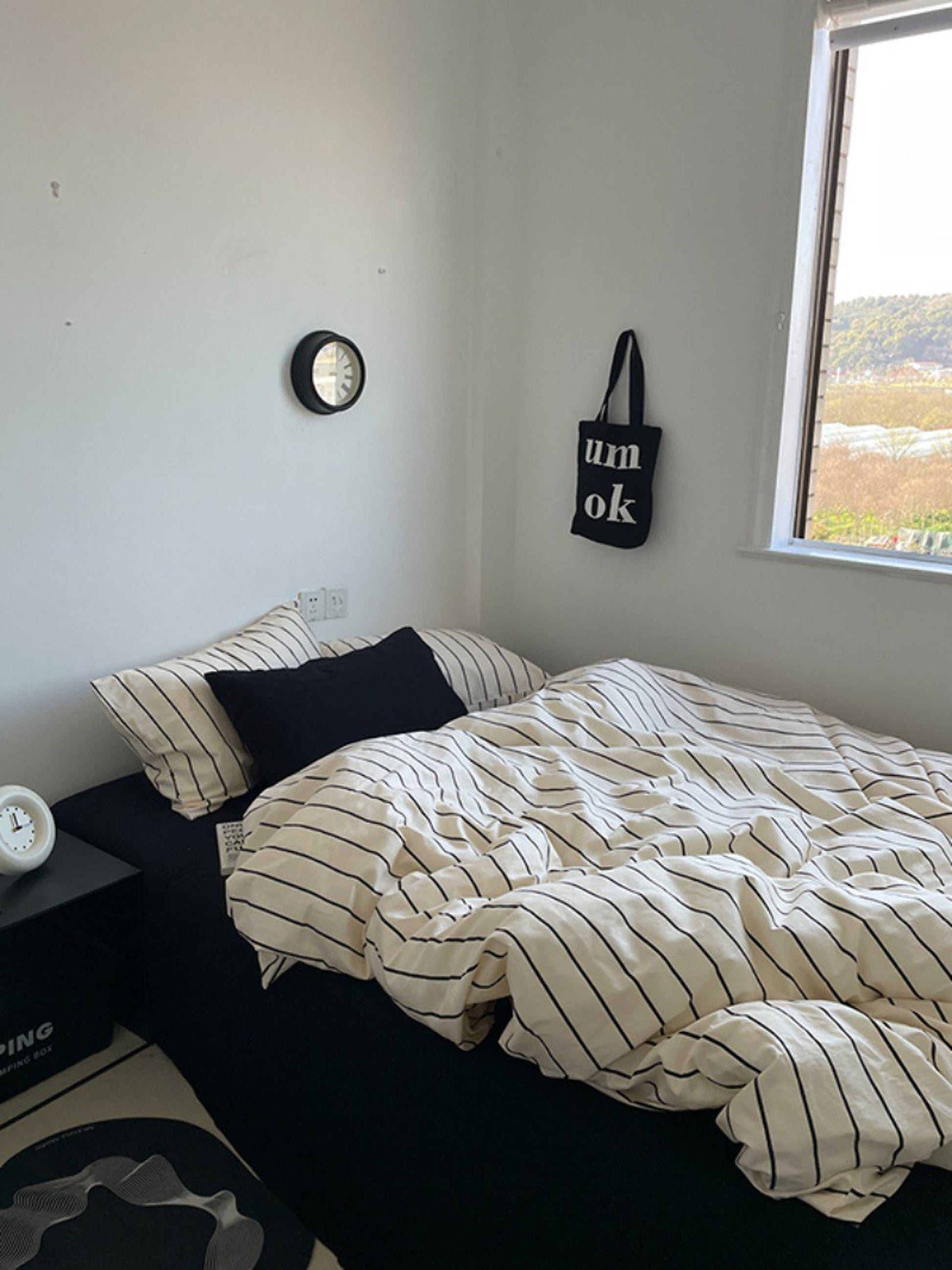 Ivory White Striped Washed Cotton D in a soft aesthetic dorm room — soft natural lighting, warm layered styling by HomeStyles