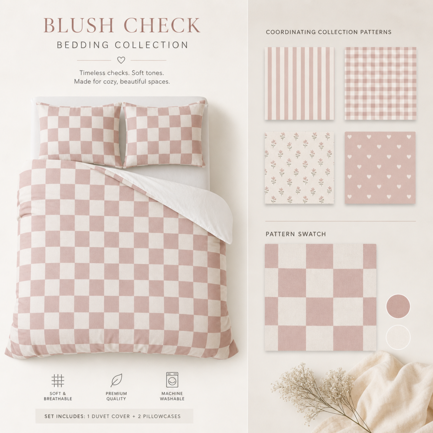Dusty Pink Checker Cotton Bed Set | Duvet Cover Pillowcases, Cozy Dorm Apartment