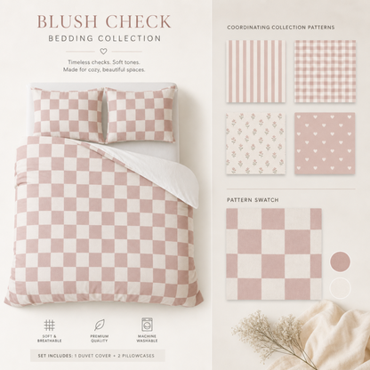 Dusty Pink Checker Cotton Bed Set | Duvet Cover Pillowcases, Cozy Dorm Apartment