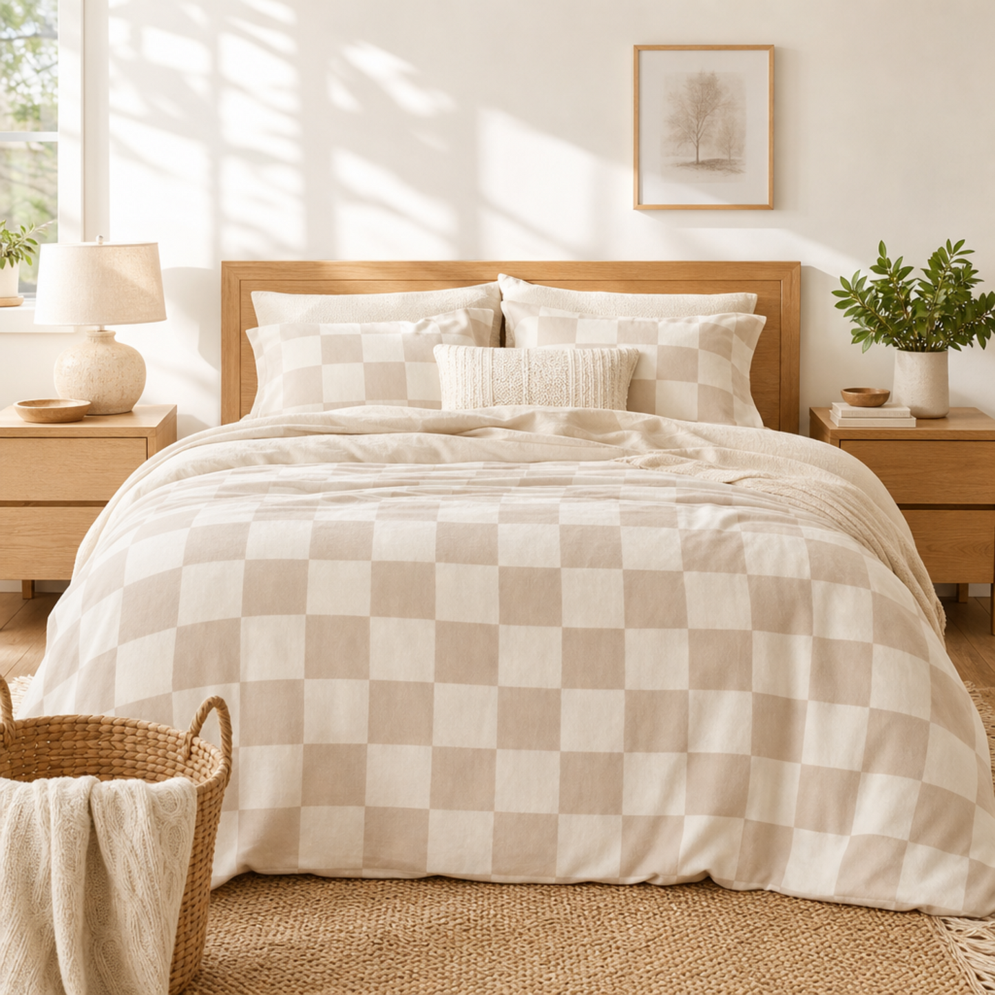Beige Checkerboard Cotton Bed Set | Neutral Check Duvet Cover