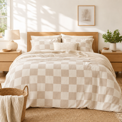 Beige Checkerboard Cotton Bed Set | Neutral Check Duvet Cover