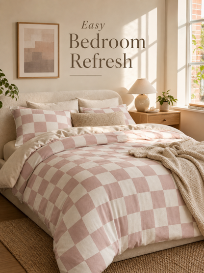 Dusty Pink Checker Cotton Bed Set | Duvet Cover Pillowcases, Cozy Dorm Apartment