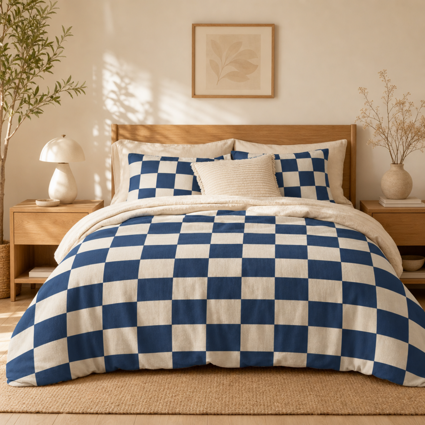 Navy Checkerboard Cotton Bed Set, Duvet Cover Pillowcases