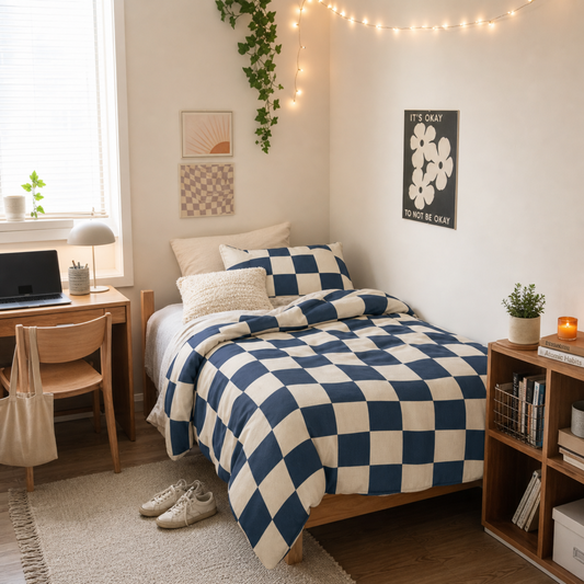 Navy checkerboard cotton bed set with duvet cover and pillowcases in cozy dorm room setting
