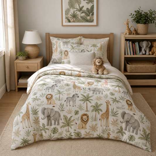 Woodland Animals Cotton Bed Set with neutral tones on kid's bed featuring duvet cover and pillowcases