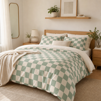 Sage Green Checkerboard Bed Set | Cotton Duvet Cover Pillowcases