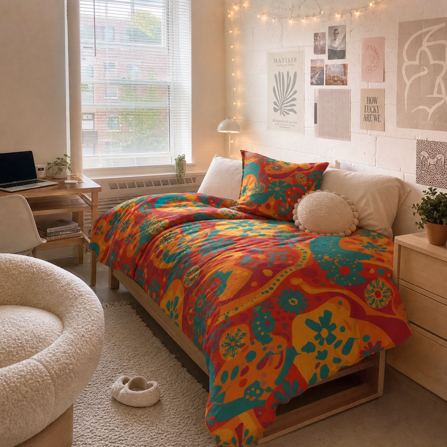 Retro Dopamin Dorm cozy cotton bedding set styled in a soft girl aesthetic dorm room