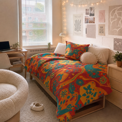 Retro Dopamin Dorm cozy cotton bedding set styled in a soft girl aesthetic dorm room