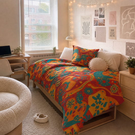 Retro Dopamin Dorm cozy cotton bedding set styled in a soft girl aesthetic dorm room