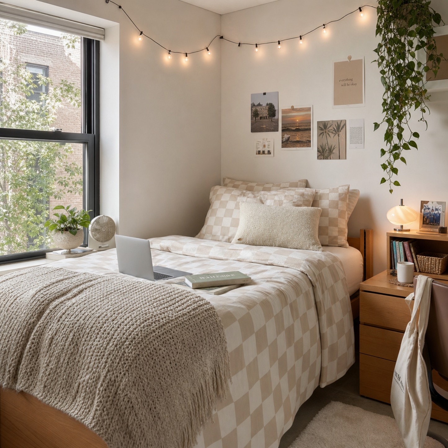 Beige checkerboard cotton bed set with neutral duvet cover in a cozy, minimalist bedroom setting