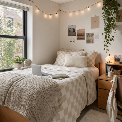 Beige checkerboard cotton bed set with neutral duvet cover in a cozy, minimalist bedroom setting