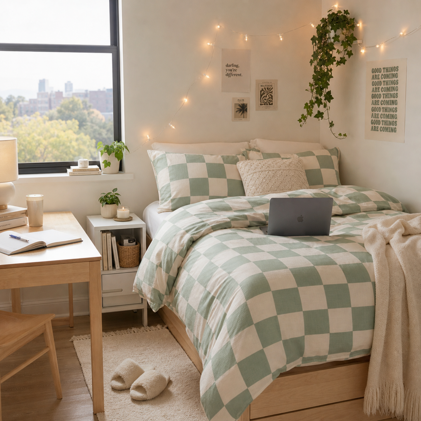 Sage green checkerboard cotton duvet cover and pillowcases on cozy cottagecore bed