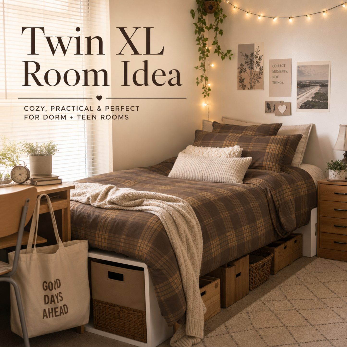 Brown Plaid College Dorm Twin XL Cotton Bed Set Duvet Cover Pillowcases