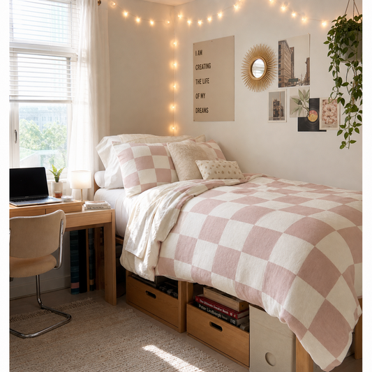 Dusty pink checker cotton bed set with duvet cover and pillowcases in cozy dorm room setting