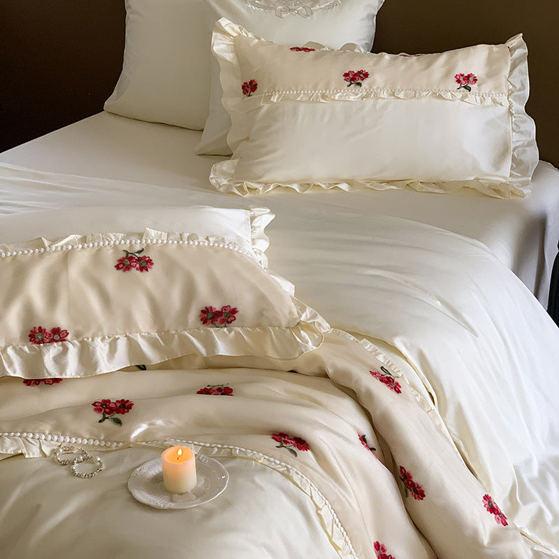 elegant cream embroidered floral bedding set - vintage-inspired comfort