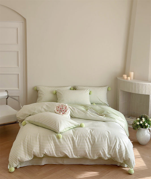 Fresh Spring Stripe Bedding Set with Pom-Pom Accents - Light Green and White