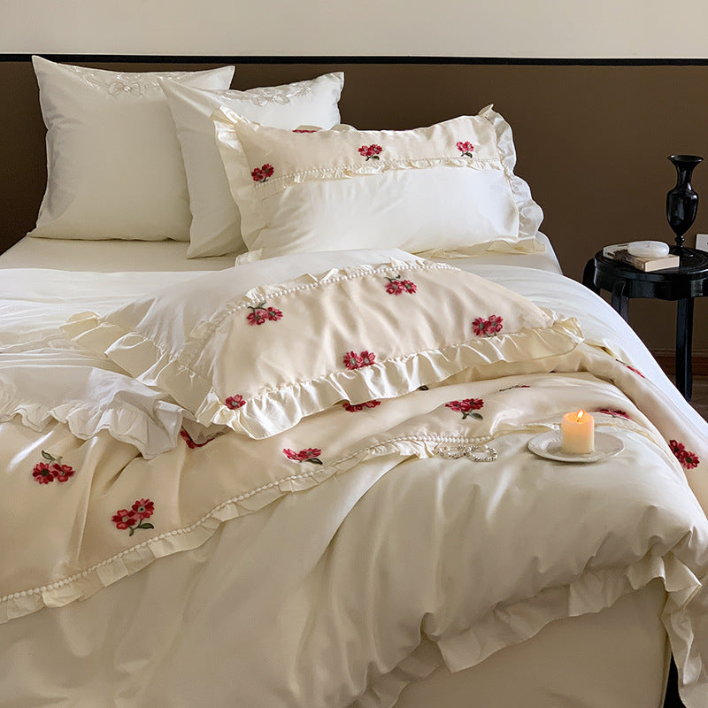 elegant cream embroidered floral bedding set - vintage-inspired comfort