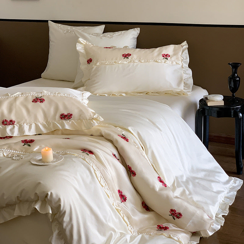 elegant cream embroidered floral bedding set - vintage-inspired comfort