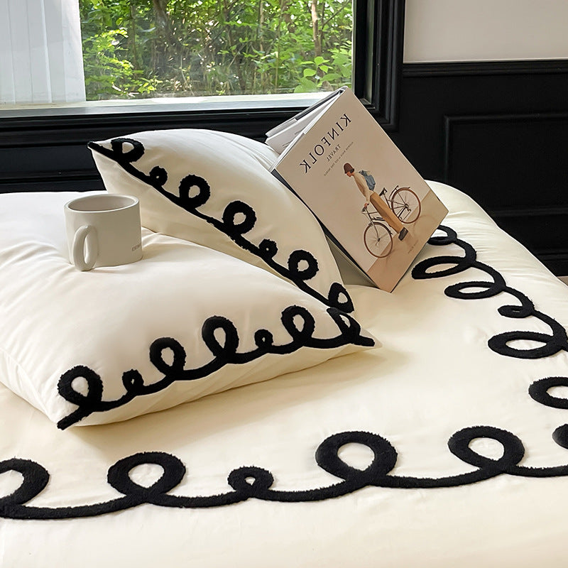 Hello Script Bedding Set - Playful Elegance in Monochrome milky white