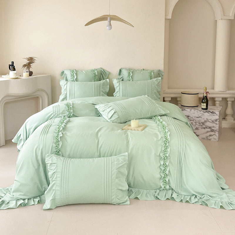 Pure Elegance Ruffle-Trimmed Bedding Set - Green Color