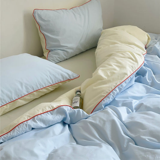 Crisp Light Blue Bedding Set with Pop of Crimson - Fresh Morning Awakenings