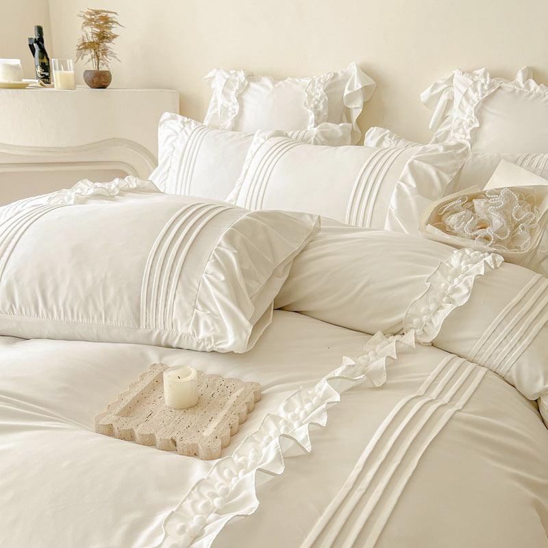 Pure Elegance Ruffle-Trimmed Bedding Set - White Color