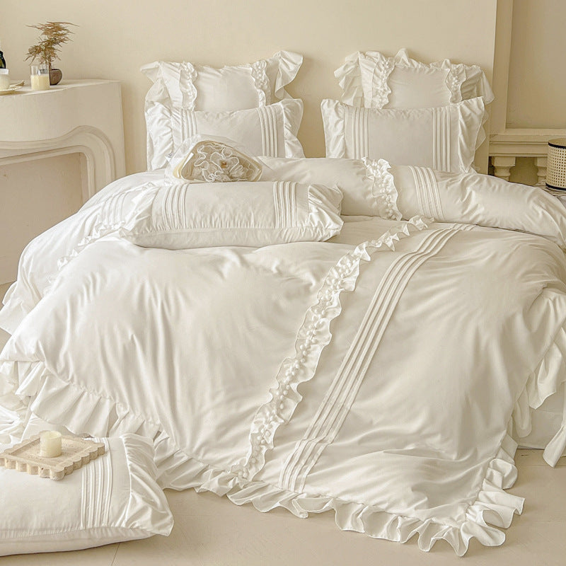 Pure Elegance Ruffle-Trimmed Bedding Set - White Color
