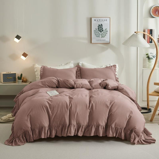Rose rustic farmhouse ruffled duvet cover set in soft cotton with elegant ruffle trim and cozy farmhouse style