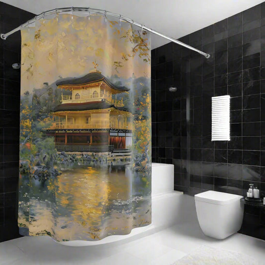 A shower curtain featuring a printed image of an ancient gold temple in Kyoto, Japan, set against a bathroom backdrop with black tiles.