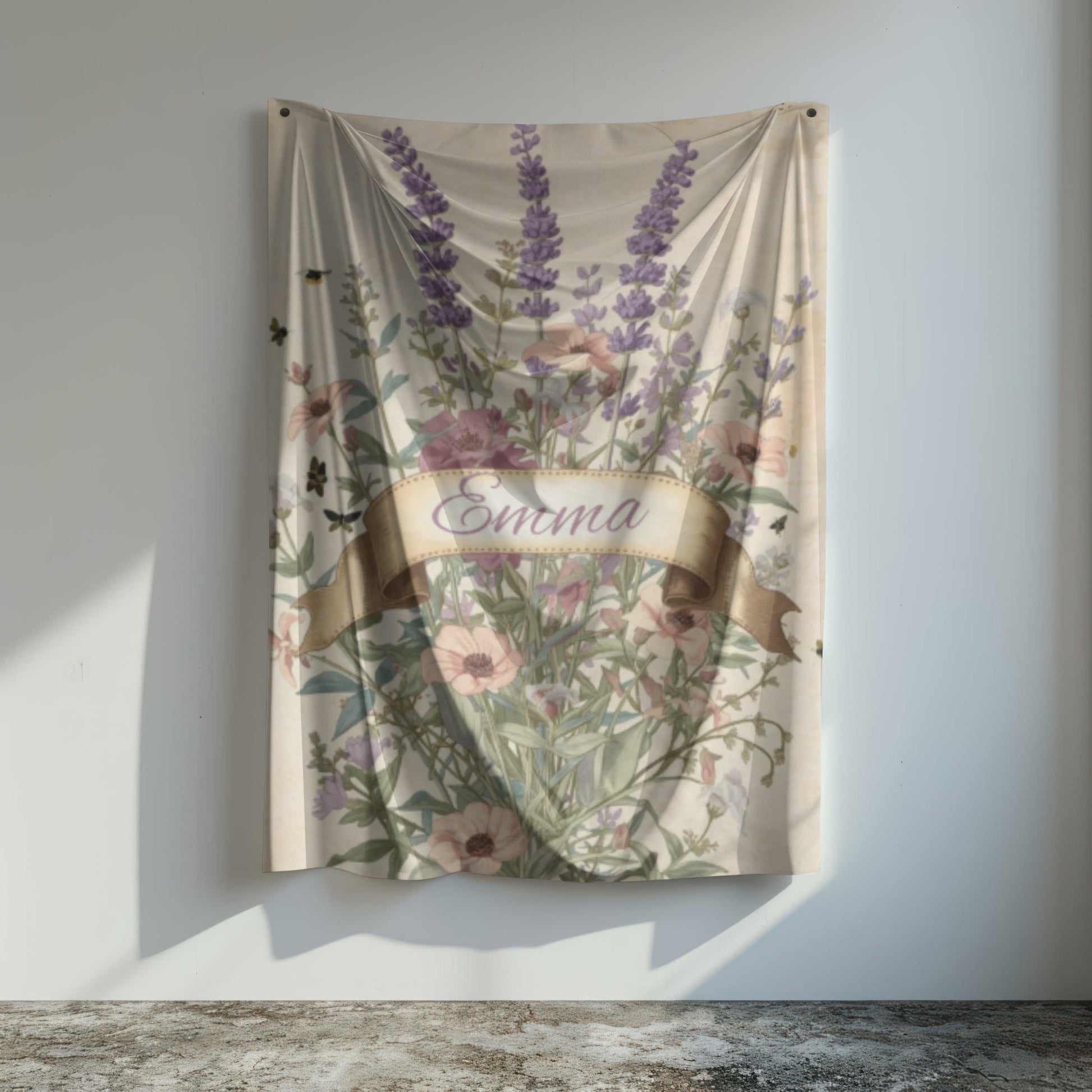 Velveteen plush blanket with floral design and personalized name Emma, cozy throw for snuggling and gift giving