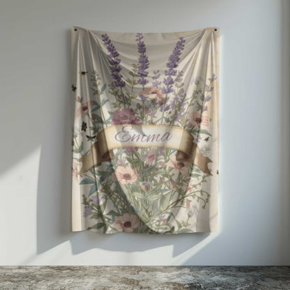 Velveteen plush blanket with floral design and personalized name Emma, cozy throw for snuggling and gift giving