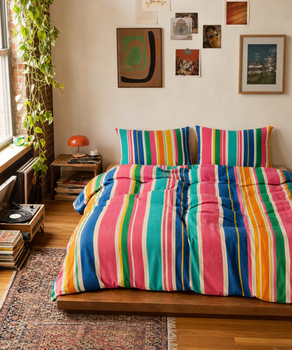 Colorful Striped Cotton Duvet Cover | Bright Rainbow Stripe Bed Set