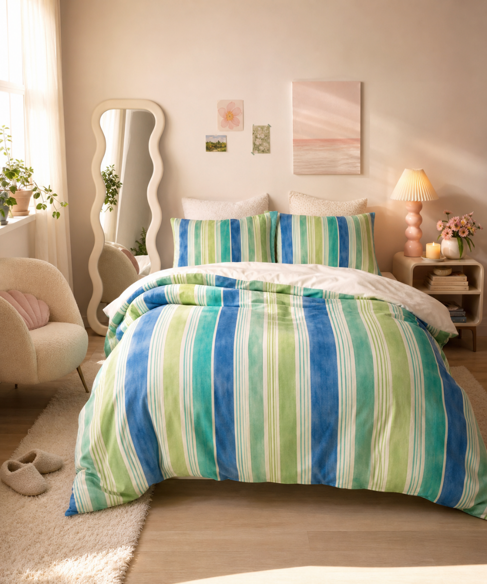 Retro Orange Blue Stripe Cotton Bed Set | Duvet Cover & Pillowcases