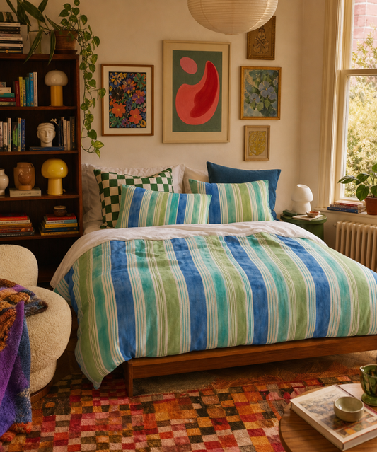 Retro Orange Blue Stripe Cotton Bed Set | Duvet Cover & Pillowcases
