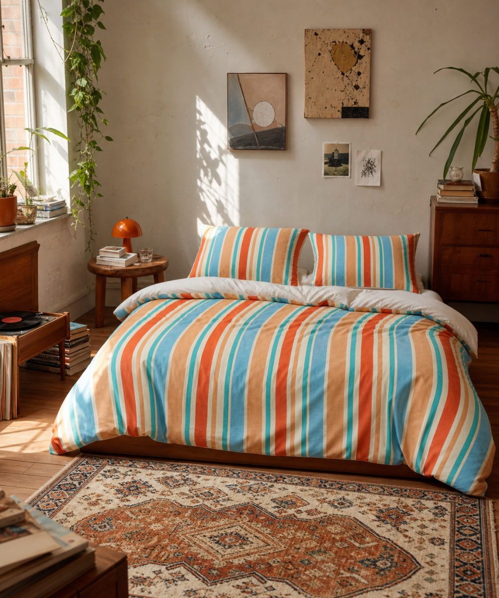 Retro orange blue stripe cotton bed set with duvet cover and pillowcases in coral, beige, and aqua colors