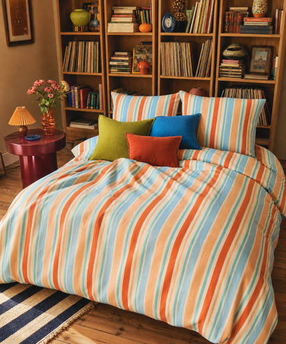 Retro Orange Blue Stripe Cotton Bed Set | Duvet Cover & Pillowcases