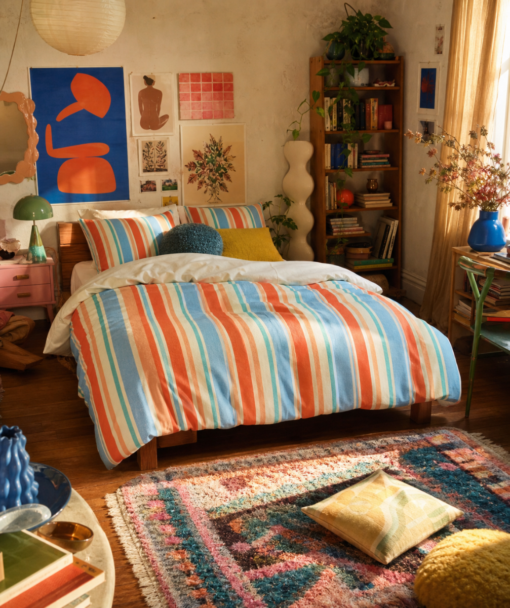 Retro Orange Blue Stripe Cotton Bed Set | Duvet Cover & Pillowcases